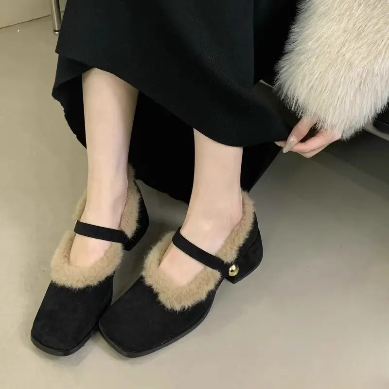 Women's Fashion Thick Heel Cotton Shoes Winter New Square Head Shallow Mouth Suede Leopard Non-slip Low-top Shoes