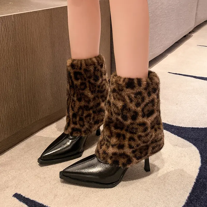 Women's Fashion Stiletto Cotton Boots Winter New Pointed Sleeve Splicing Plush Anti-slip Wear-resistant Short Boots
