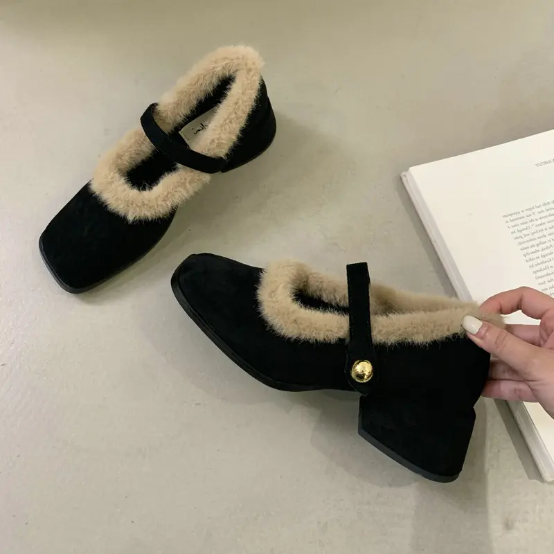 Women's Fashion Thick Heel Cotton Shoes Winter New Square Head Shallow Mouth Suede Leopard Non-slip Low-top Shoes