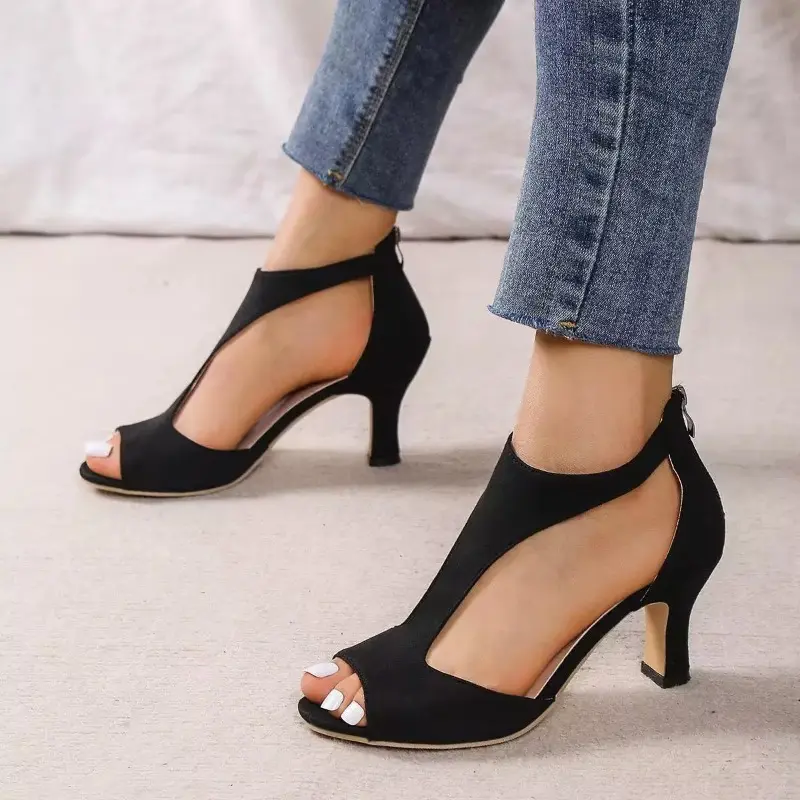 New Fashion Sandals Women's Shoes Summer Fashion Open Toe Zip Stiletto Heel One Line Buckle Strap High Heels