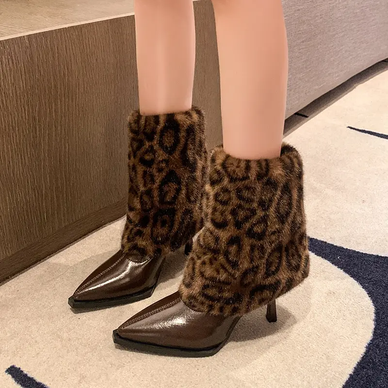 Women's Fashion Stiletto Cotton Boots Winter New Pointed Sleeve Splicing Plush Anti-slip Wear-resistant Short Boots