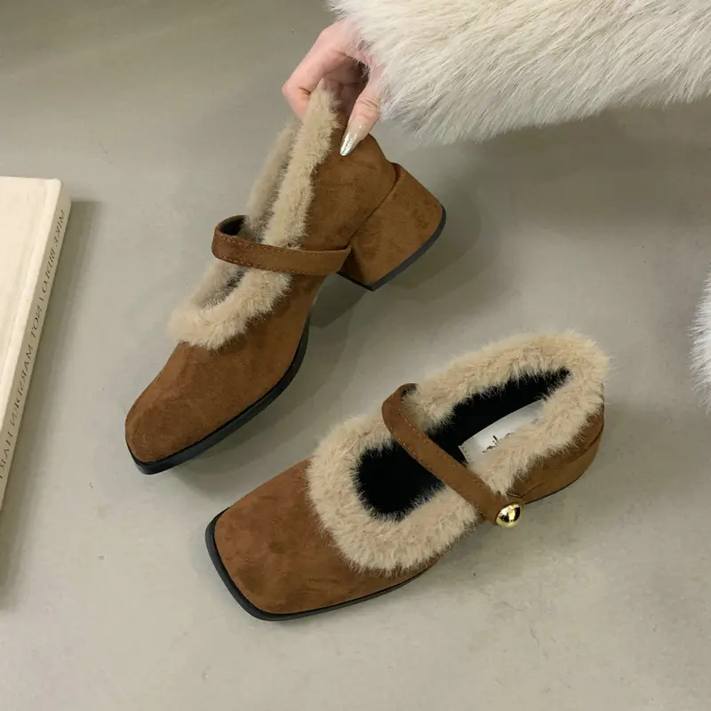 Women's Fashion Thick Heel Cotton Shoes Winter New Square Head Shallow Mouth Suede Leopard Non-slip Low-top Shoes