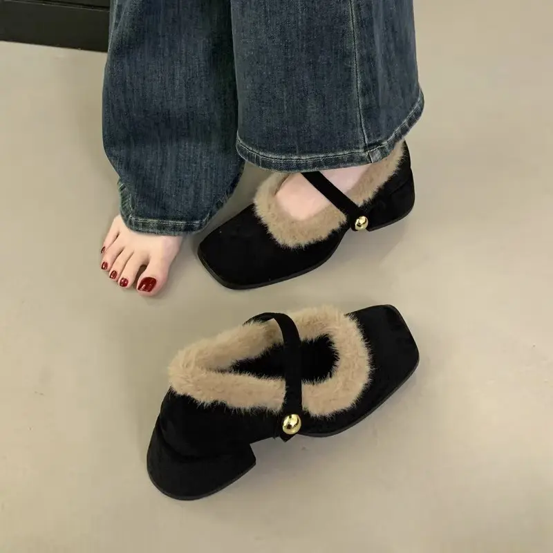 Women's Fashion Thick Heel Cotton Shoes Winter New Square Head Shallow Mouth Suede Leopard Non-slip Low-top Shoes