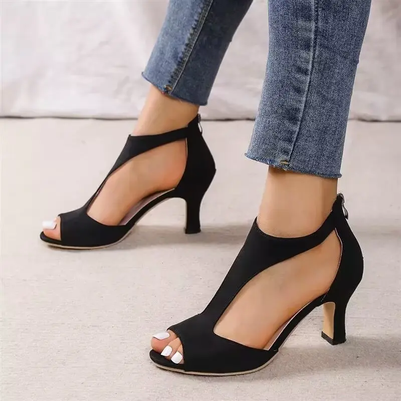 New Fashion Sandals Women's Shoes Summer Fashion Open Toe Zip Stiletto Heel One Line Buckle Strap High Heels