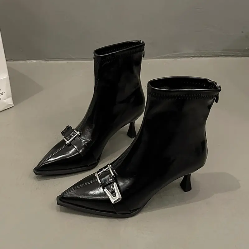 Winter New Thin Heel Cotton Boots Women's Pointed Metal Buckle Back Zipper Anti-slip Wear-resistant Short Boots