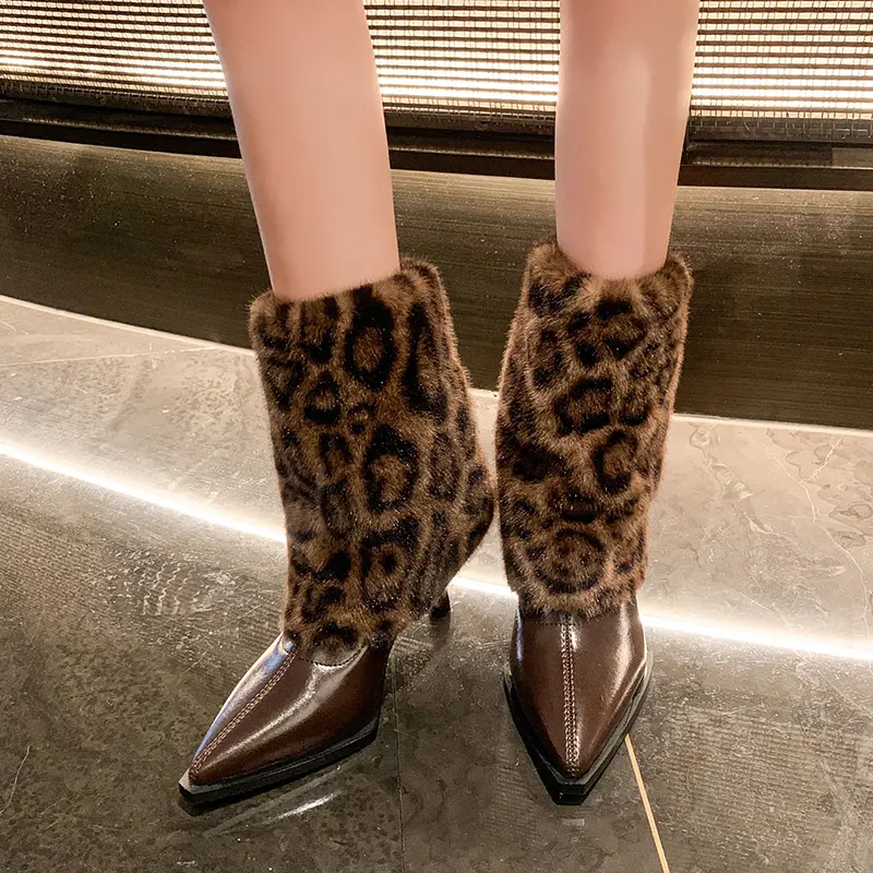 Women's Fashion Stiletto Cotton Boots Winter New Pointed Sleeve Splicing Plush Anti-slip Wear-resistant Short Boots