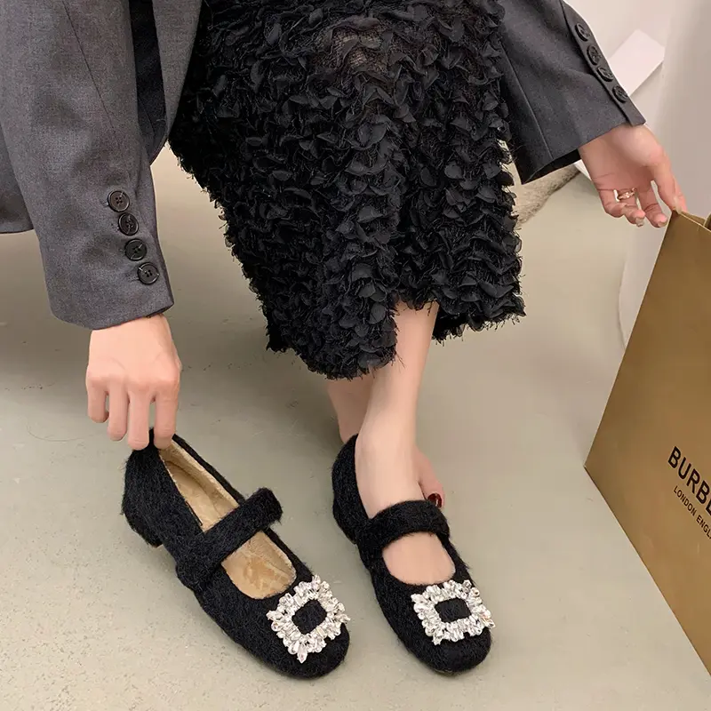 Women's Thick Heel Cotton Boots Winter New Square Head Shallow Mouth Crystal Buckle Anti-slip Wear-resistant Low-top Shoes
