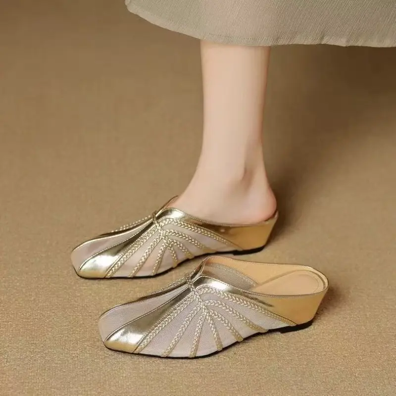 Inner Heightened Mesh Hollow Out Breathable Splicing Wrapped Head Semi-drag Summer New Square-toe Square-heel Slippers