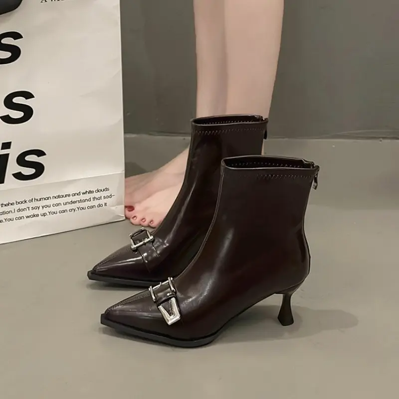 Winter New Thin Heel Cotton Boots Women's Pointed Metal Buckle Back Zipper Anti-slip Wear-resistant Short Boots