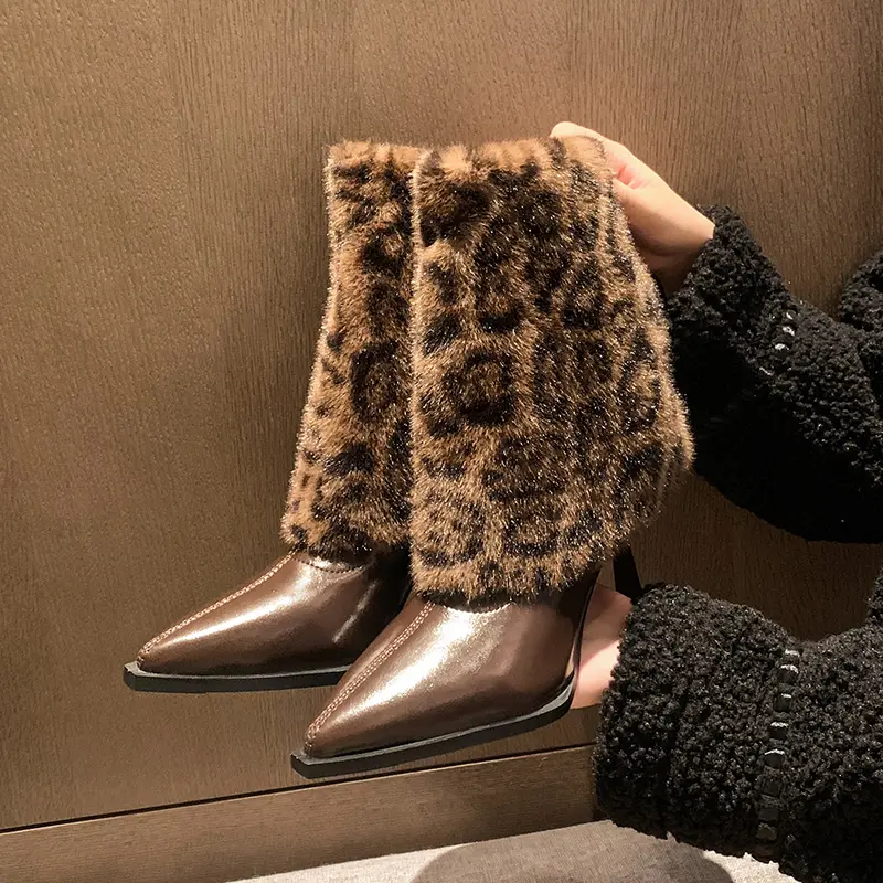 Women's Fashion Stiletto Cotton Boots Winter New Pointed Sleeve Splicing Plush Anti-slip Wear-resistant Short Boots