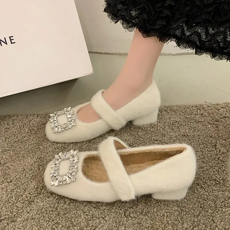 Women's Thick Heel Cotton Boots Winter New Square Head Shallow Mouth Crystal Buckle Anti-slip Wear-resistant Low-top Shoes