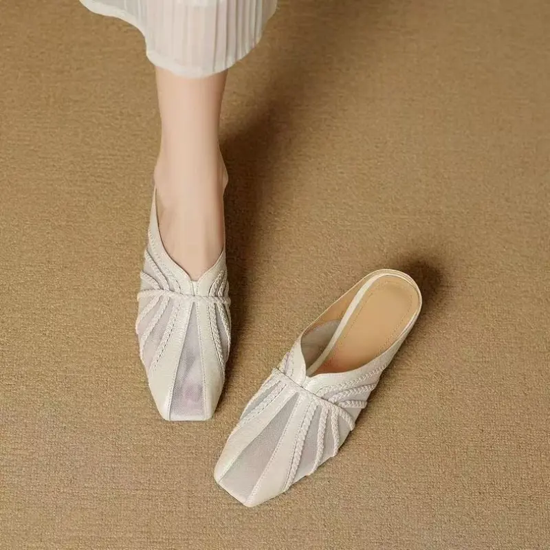 Inner Heightened Mesh Hollow Out Breathable Splicing Wrapped Head Semi-drag Summer New Square-toe Square-heel Slippers