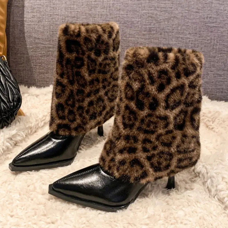 Women's Fashion Stiletto Cotton Boots Winter New Pointed Sleeve Splicing Plush Anti-slip Wear-resistant Short Boots