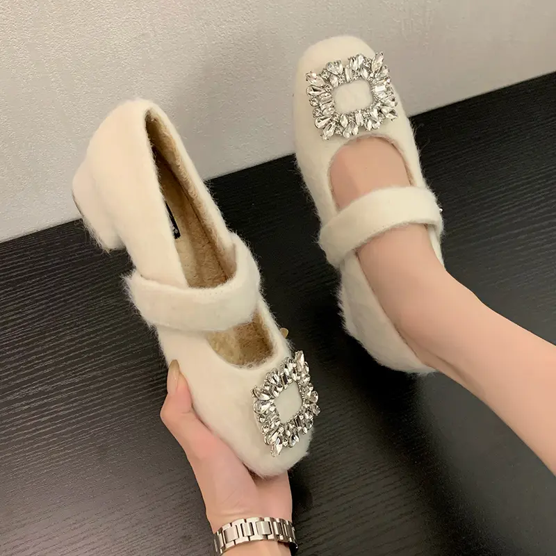 Women's Thick Heel Cotton Boots Winter New Square Head Shallow Mouth Crystal Buckle Anti-slip Wear-resistant Low-top Shoes