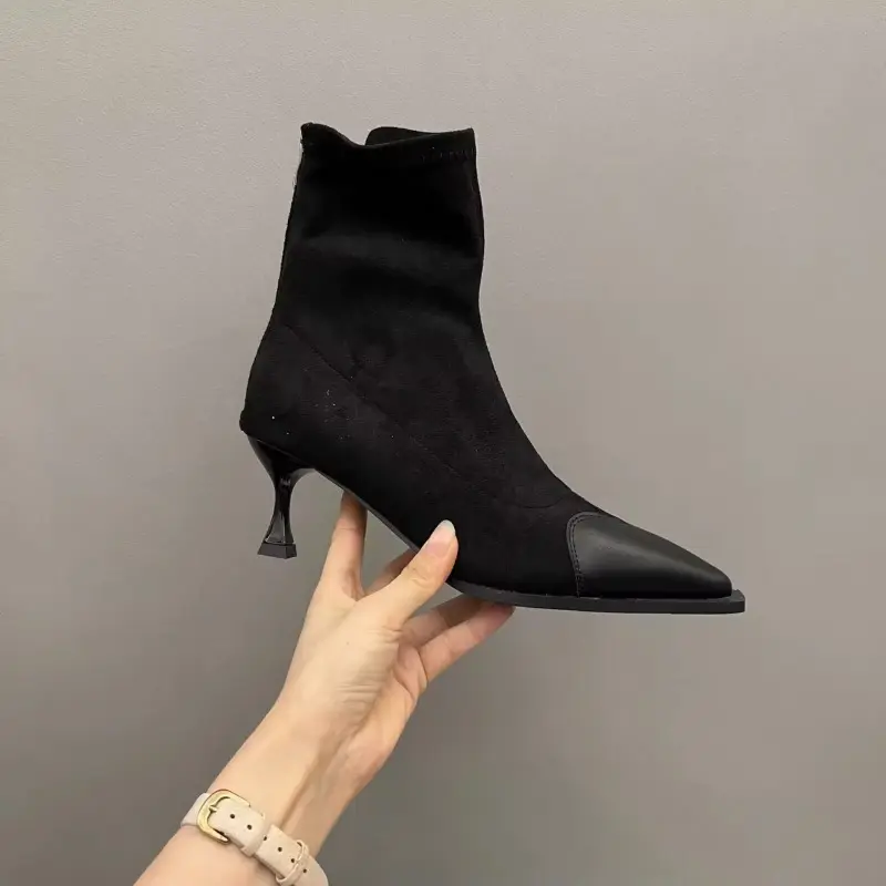 Women's Fall New Thin Heel Single Pointed Suede Splicing After Zipper Anti-slip Wear-resistant Temperament Short Boots