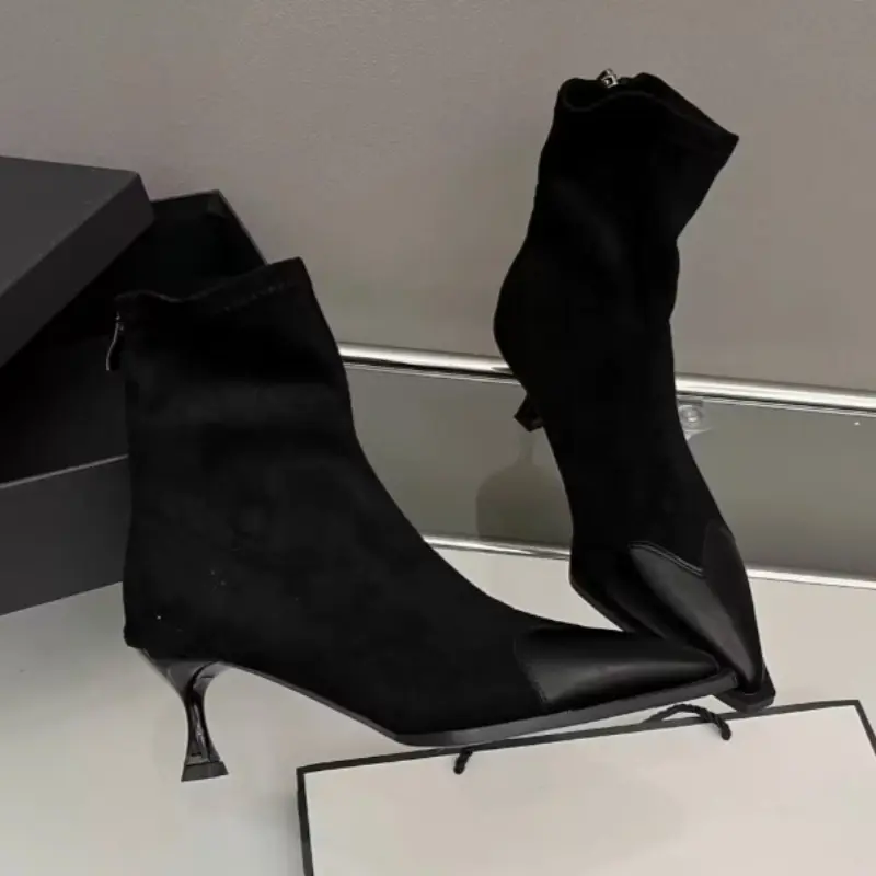 Women's Fall New Thin Heel Single Pointed Suede Splicing After Zipper Anti-slip Wear-resistant Temperament Short Boots