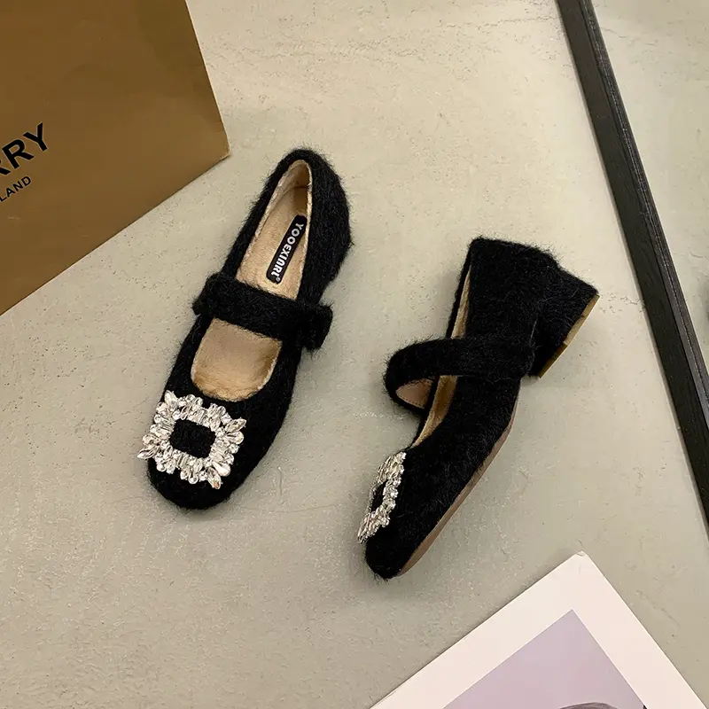 Women's Thick Heel Cotton Boots Winter New Square Head Shallow Mouth Crystal Buckle Anti-slip Wear-resistant Low-top Shoes