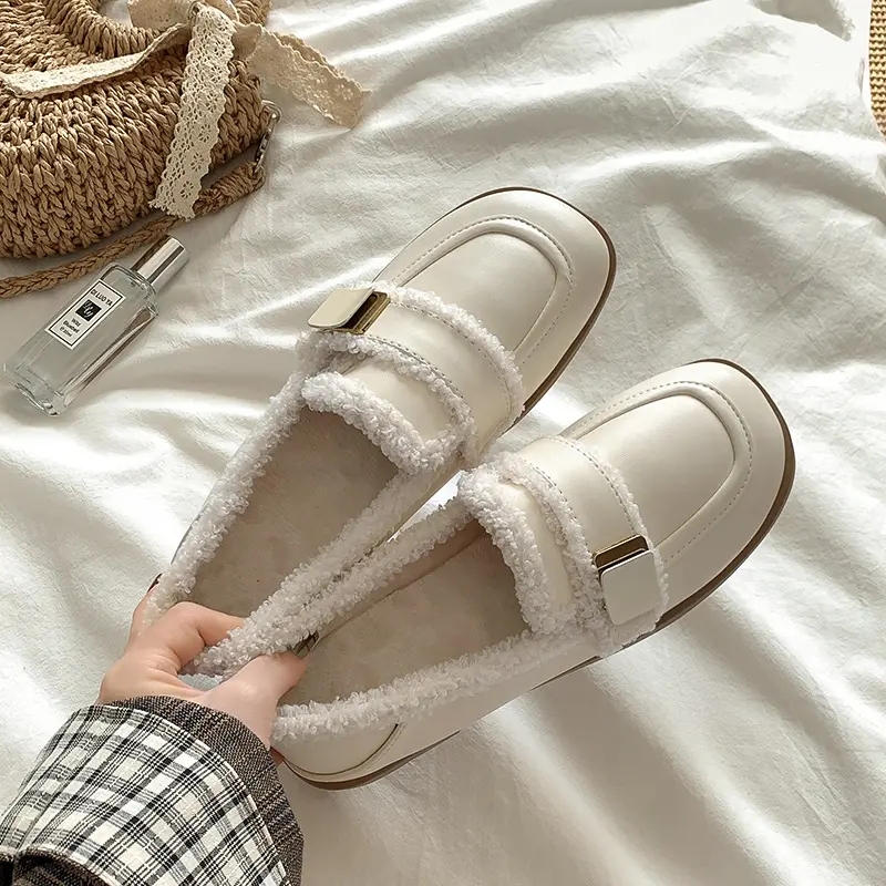 Winter New Flat Cotton Boots Women Round Head Deep Mouth Metal Belt Buckle Soft Sole Anti-slip Wear-resistant Low-top Shoes