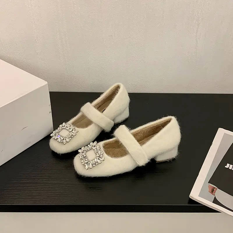 Women's Thick Heel Cotton Boots Winter New Square Head Shallow Mouth Crystal Buckle Anti-slip Wear-resistant Low-top Shoes