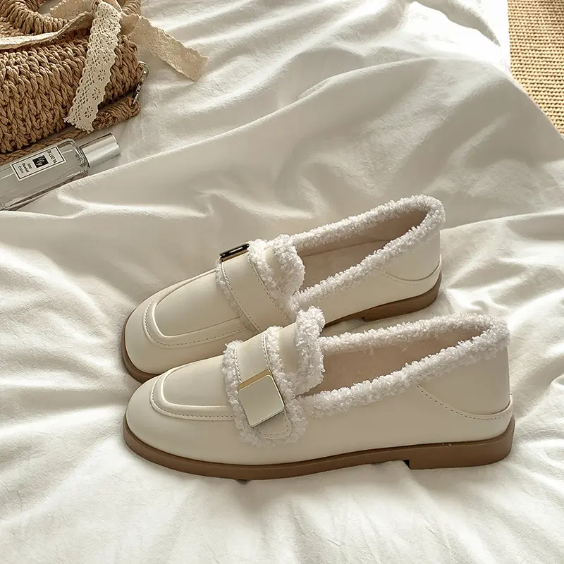 Winter New Flat Cotton Boots Women Round Head Deep Mouth Metal Belt Buckle Soft Sole Anti-slip Wear-resistant Low-top Shoes