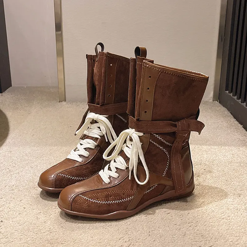 Spring New Flat Single Boot Women Fashion Round Head Front Lacing Soft Sole Anti-slip Wear-resistant Mid-calf Boots