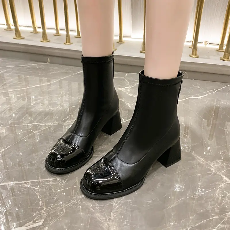 Women's Fashion Thick Heel Cotton Boots Winter New Round Head Splicing Zipper Anti-slip Wear-resistant Short Boots
