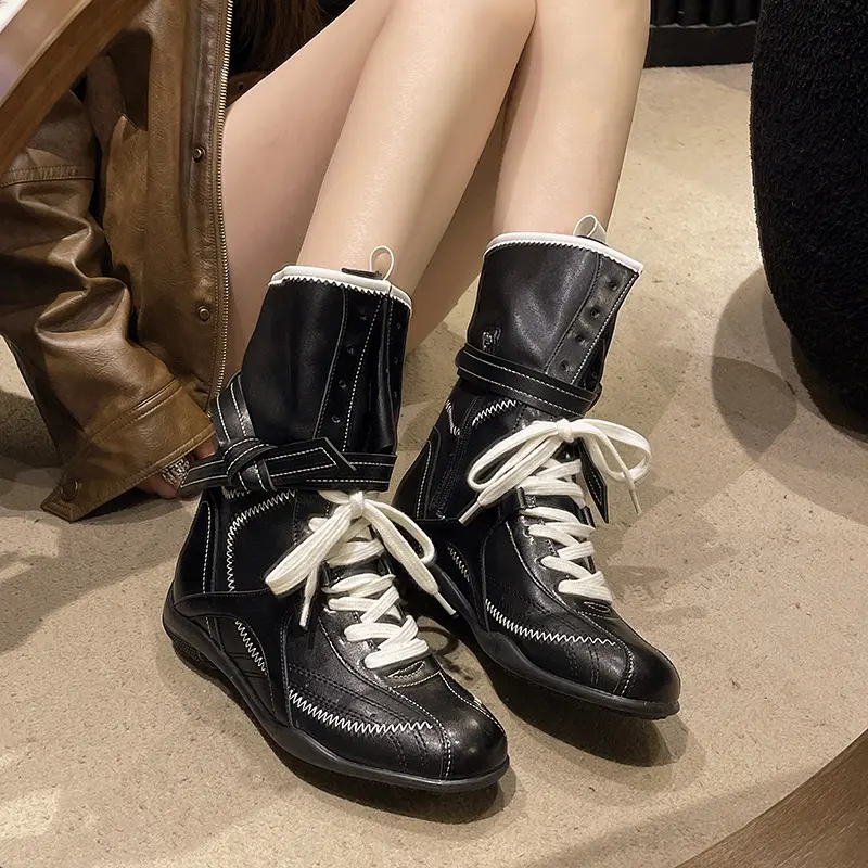 Spring New Flat Single Boot Women Fashion Round Head Front Lacing Soft Sole Anti-slip Wear-resistant Mid-calf Boots