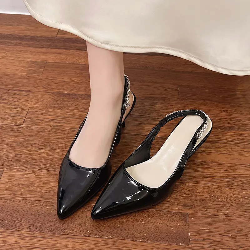 Patent Leather Wrapped Stiletto Sandals Summer New Pointed Toe Shallow Mouth Metal Chain Slip Strap High Heels
