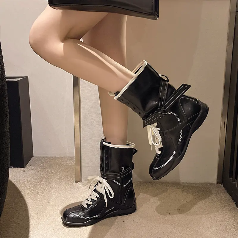 Spring New Flat Single Boot Women Fashion Round Head Front Lacing Soft Sole Anti-slip Wear-resistant Mid-calf Boots