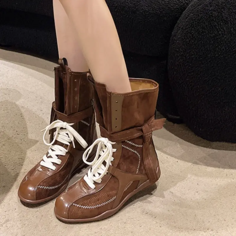 Spring New Flat Single Boot Women Fashion Round Head Front Lacing Soft Sole Anti-slip Wear-resistant Mid-calf Boots