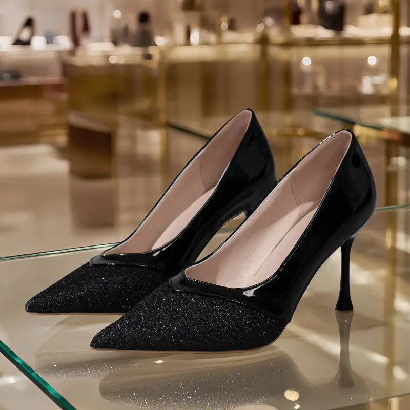 Patent Leather Spliced Stiletto Single Shoes Autumn New Pointed Toe Shallow Mouth Slip Foot Anti-Slip Wear-Resistant High Heels