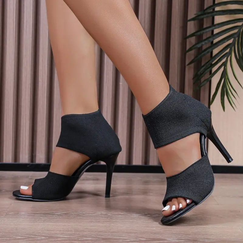 Women's Fashion Stiletto Sandals Summer New Round Head Open Toe Mesh Fabric Breathable Anti-slip Wear-resistant High Heels