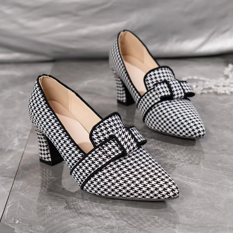 Women's Fashion Thick Heel Shoes Autumn New Pointed Head Deep Mouth Butterfly Knot Anti-slip Wear-resistant High Heels