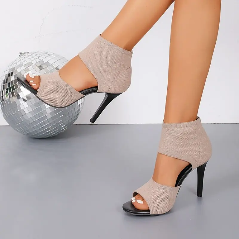 Women's Fashion Stiletto Sandals Summer New Round Head Open Toe Mesh Fabric Breathable Anti-slip Wear-resistant High Heels
