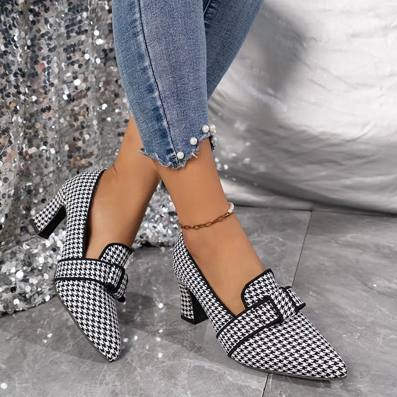 Women's Fashion Thick Heel Shoes Autumn New Pointed Head Deep Mouth Butterfly Knot Anti-slip Wear-resistant High Heels