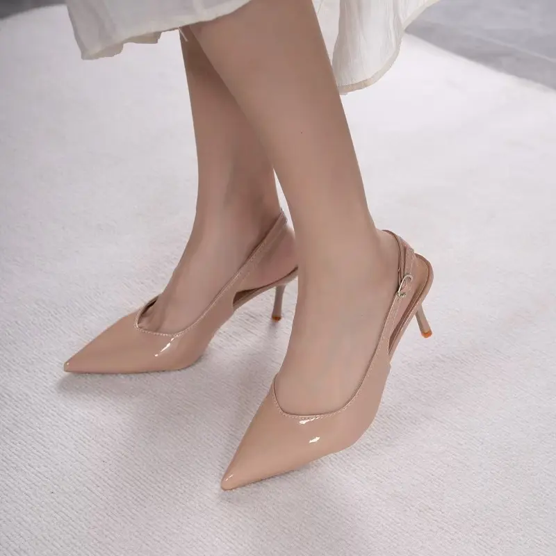Baotou Slippers Summer New Pointed Toe Shallow Mouth Metal Buckle Non-slip Wear-resistant Stiletto High Heels