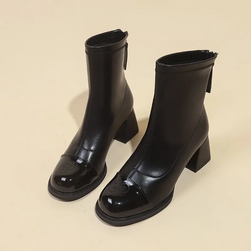 Women's Fashion Thick Heel Cotton Boots Winter New Round Head Splicing Zipper Anti-slip Wear-resistant Short Boots
