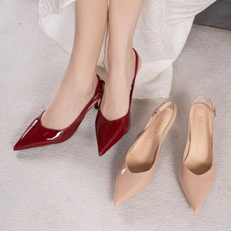 Baotou Slippers Summer New Pointed Toe Shallow Mouth Metal Buckle Non-slip Wear-resistant Stiletto High Heels
