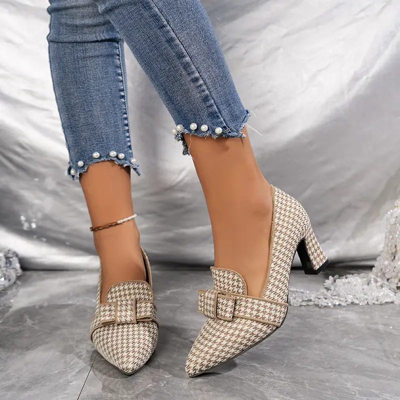 Women's Fashion Thick Heel Shoes Autumn New Pointed Head Deep Mouth Butterfly Knot Anti-slip Wear-resistant High Heels