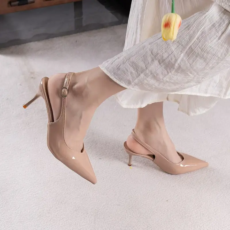 Baotou Slippers Summer New Pointed Toe Shallow Mouth Metal Buckle Non-slip Wear-resistant Stiletto High Heels