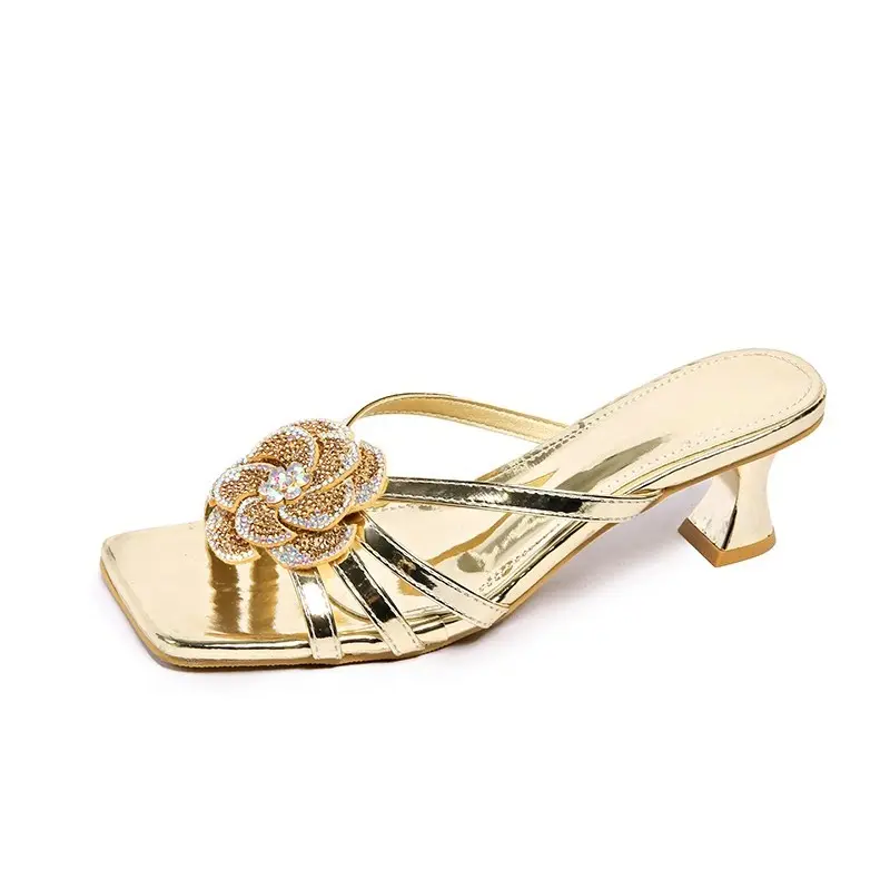 Rhinestone Flower Flip-flops for Women, New Style, Elegant Square Toe Open Toe, Thin Strap and Stiletto Sandals