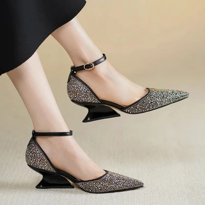 Hollow Rhinestone Fashion Baotou One Strap High Heels Summer Pointed Toe Shallow Mouth Special Heel Sandals