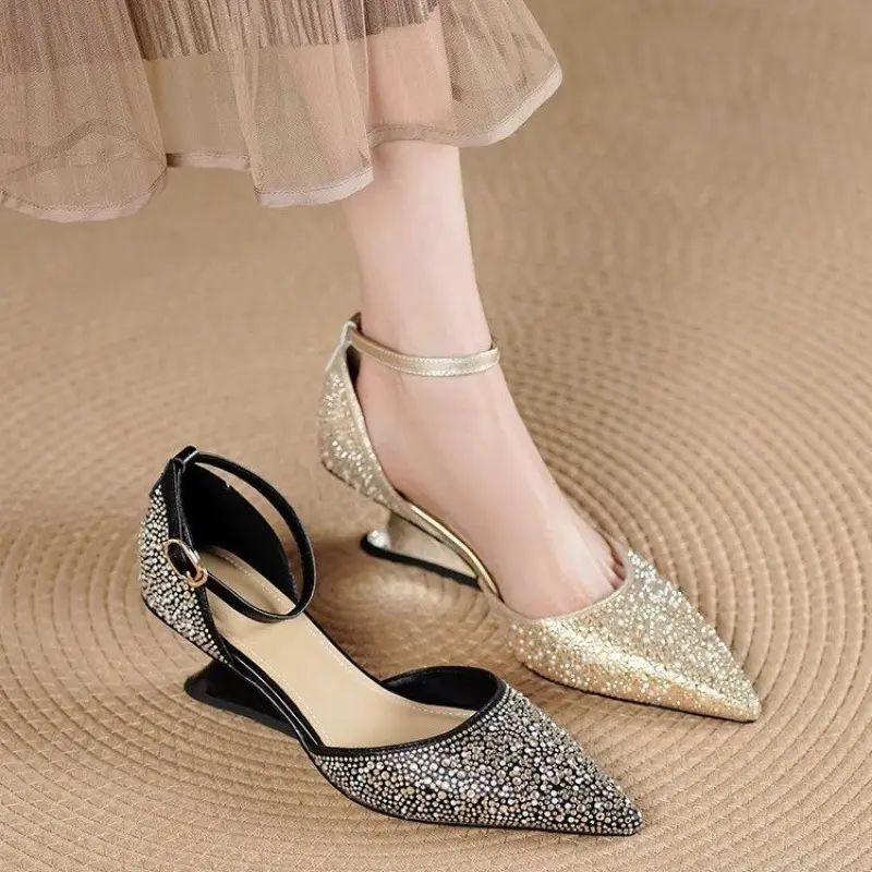 Hollow Rhinestone Fashion Baotou One Strap High Heels Summer Pointed Toe Shallow Mouth Special Heel Sandals