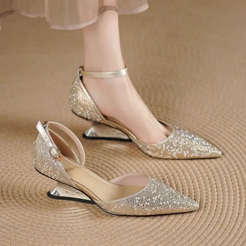 Hollow Rhinestone Fashion Baotou One Strap High Heels Summer Pointed Toe Shallow Mouth Special Heel Sandals
