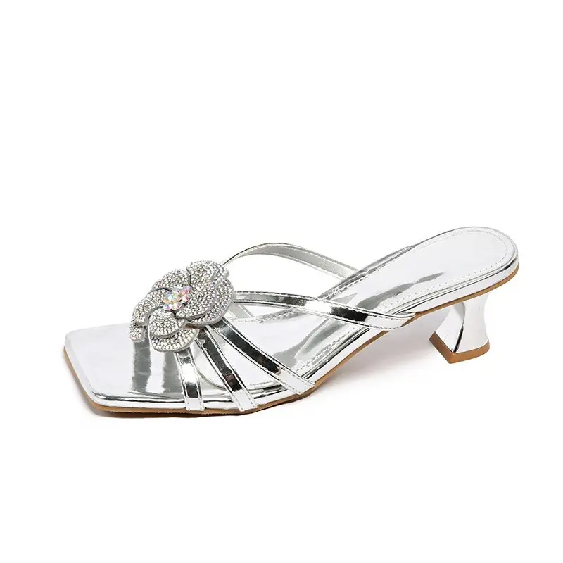 Rhinestone Flower Flip-flops for Women, New Style, Elegant Square Toe Open Toe, Thin Strap and Stiletto Sandals