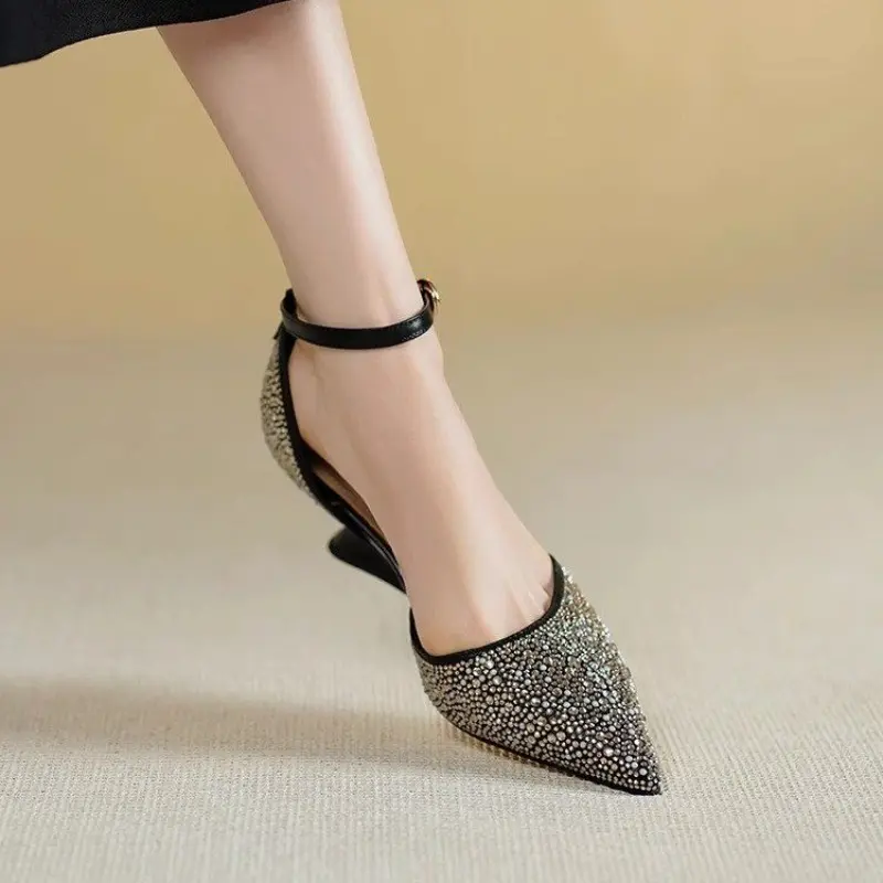 Hollow Rhinestone Fashion Baotou One Strap High Heels Summer Pointed Toe Shallow Mouth Special Heel Sandals