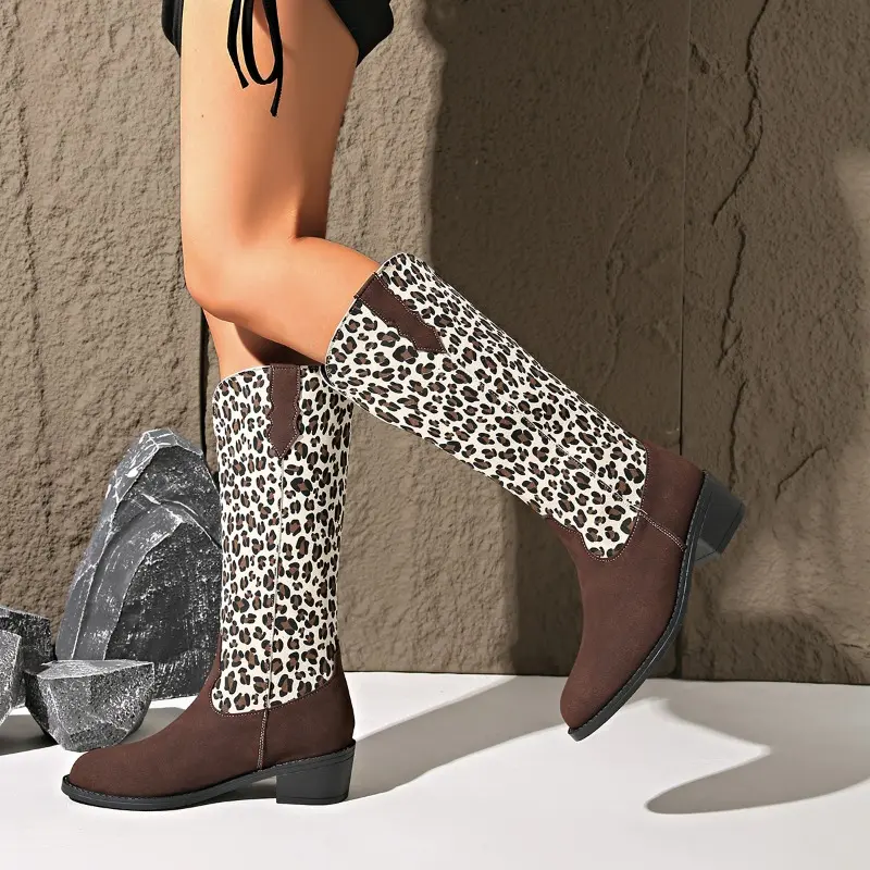 Plus Size Western Cowboy Boots Women's Retro Fall New Pointed Toe Mid-Tube Leopard Print Paneled Knight Boots
