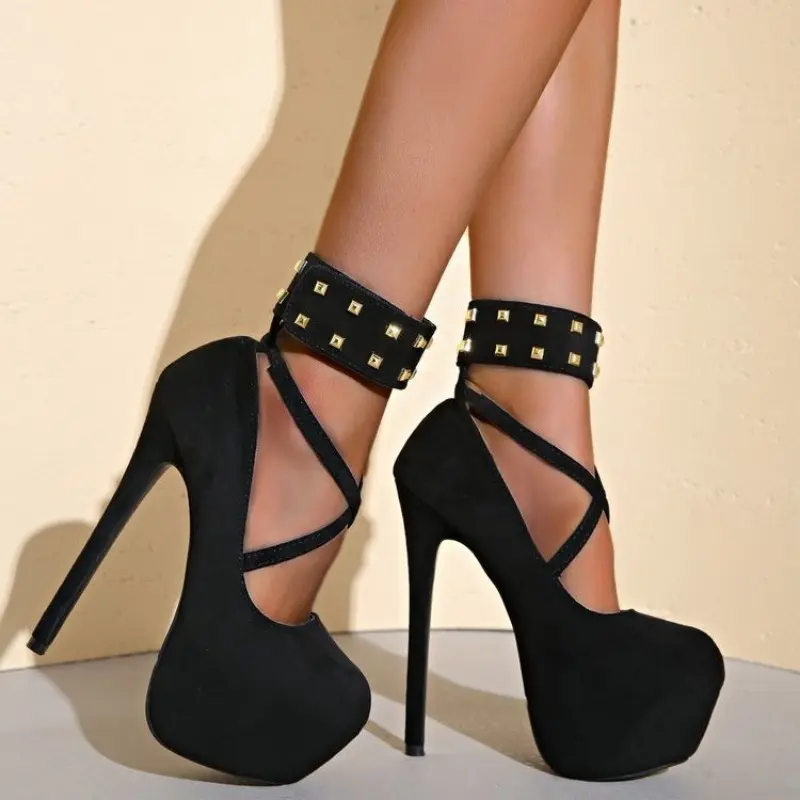 Women's Fashion Thin Heel Shoes Spring New Round Head Shallow Mouth Suede Rivet Thick Soles Non-slip High Heels