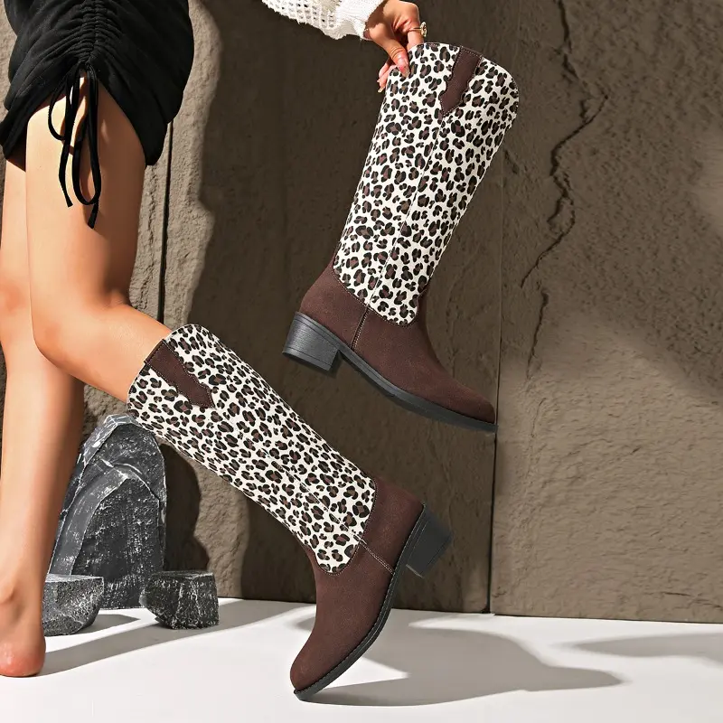 Plus Size Western Cowboy Boots Women's Retro Fall New Pointed Toe Mid-Tube Leopard Print Paneled Knight Boots