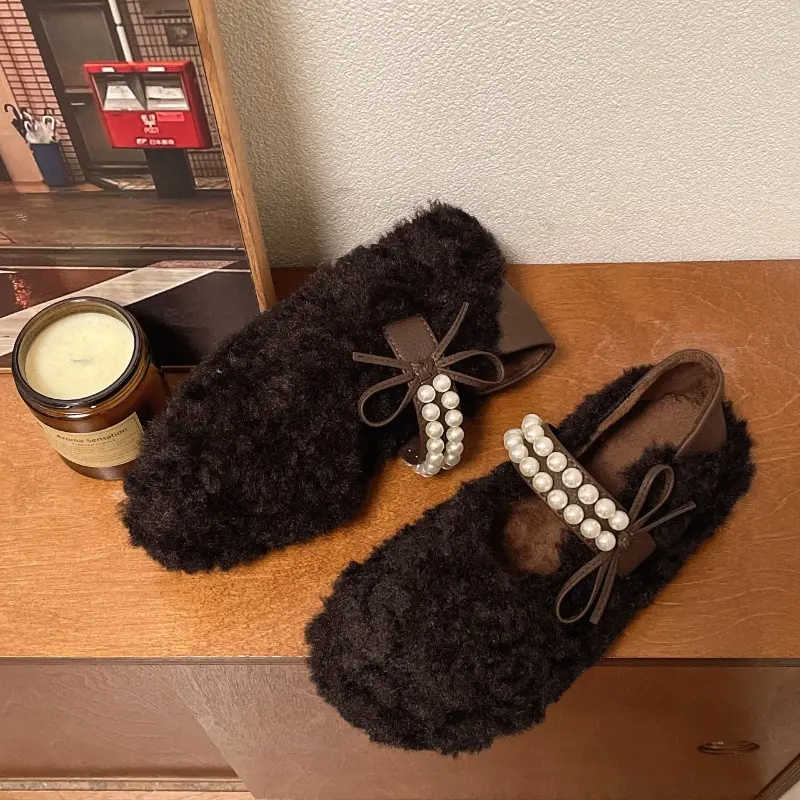 New Winter Flat Shoes for Women Round Head Shallow Mouth Leopard Print Suede Beaded Butterfly Knot Platform Cotton Boots